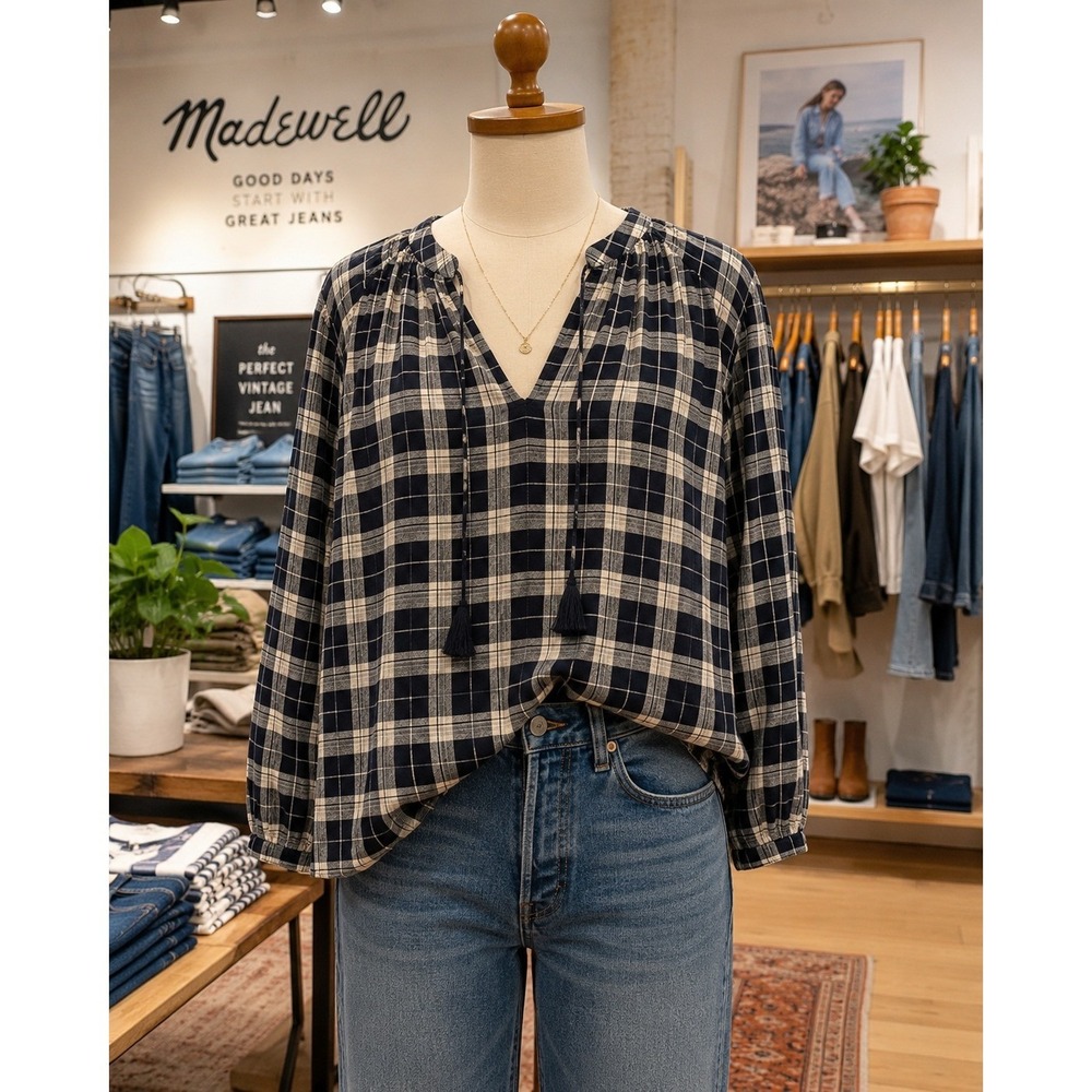 Linen/Cotton Madewell Coastal Plaid Tassel Peasant Top | Effortless Chic XS